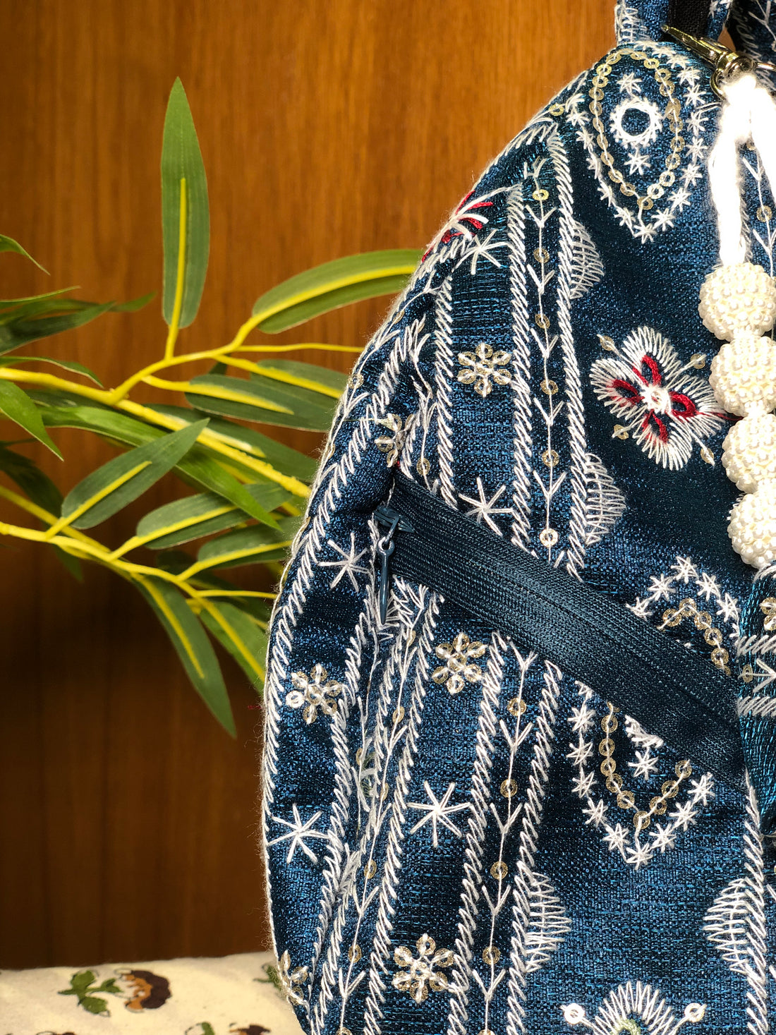 Deep Blue Embroidered Japa Bag