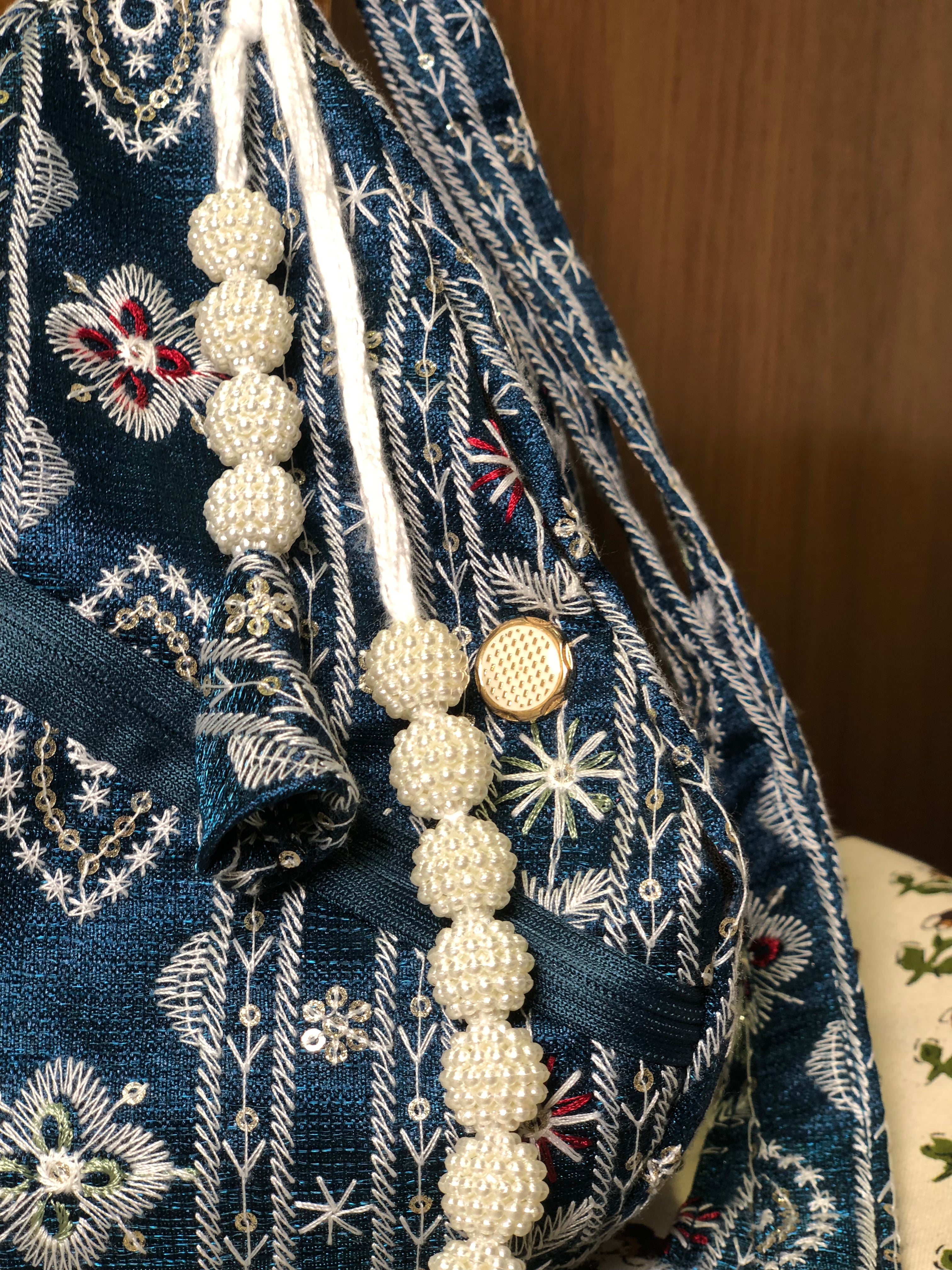 Deep Blue Embroidered Japa Bag