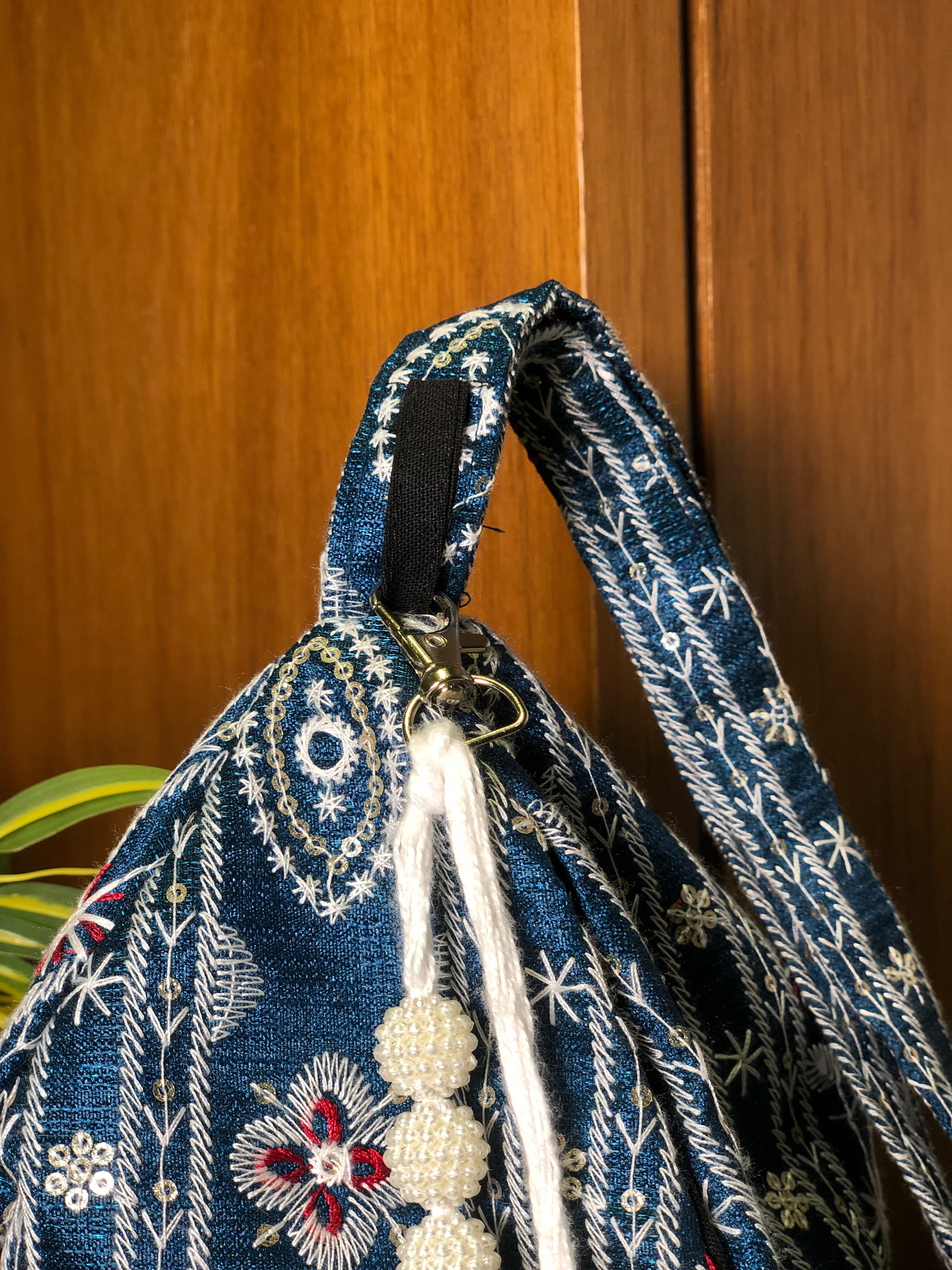 Deep Blue Embroidered Japa Bag