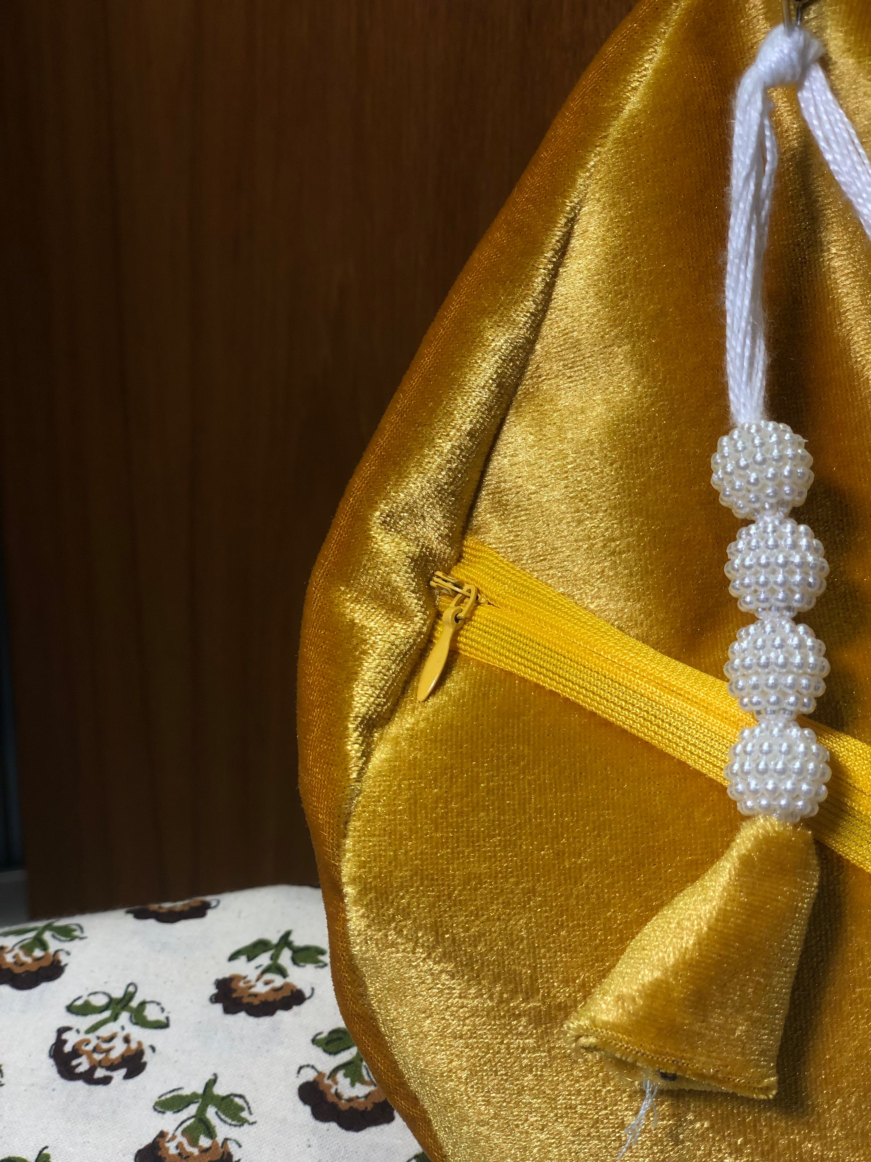 Shrinathji Embroidery Yellow Velvet Japa Bag