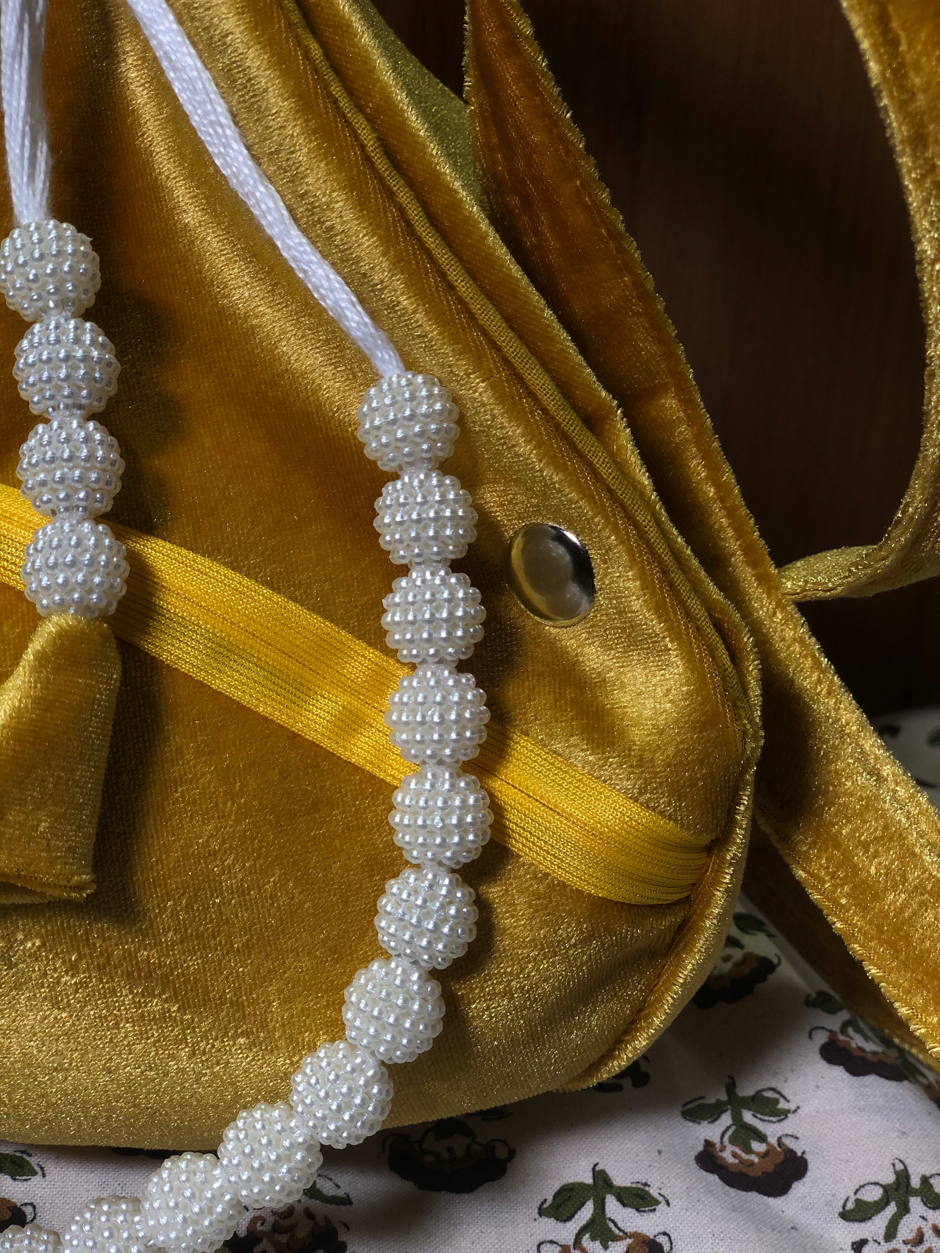 Shrinathji Embroidery Yellow Velvet Japa Bag