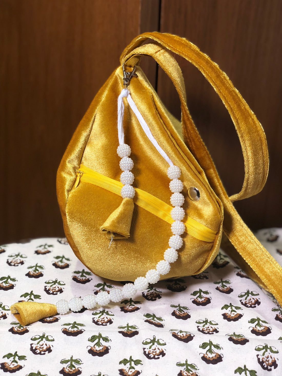 Shrinathji Embroidery Yellow Velvet Japa Bag