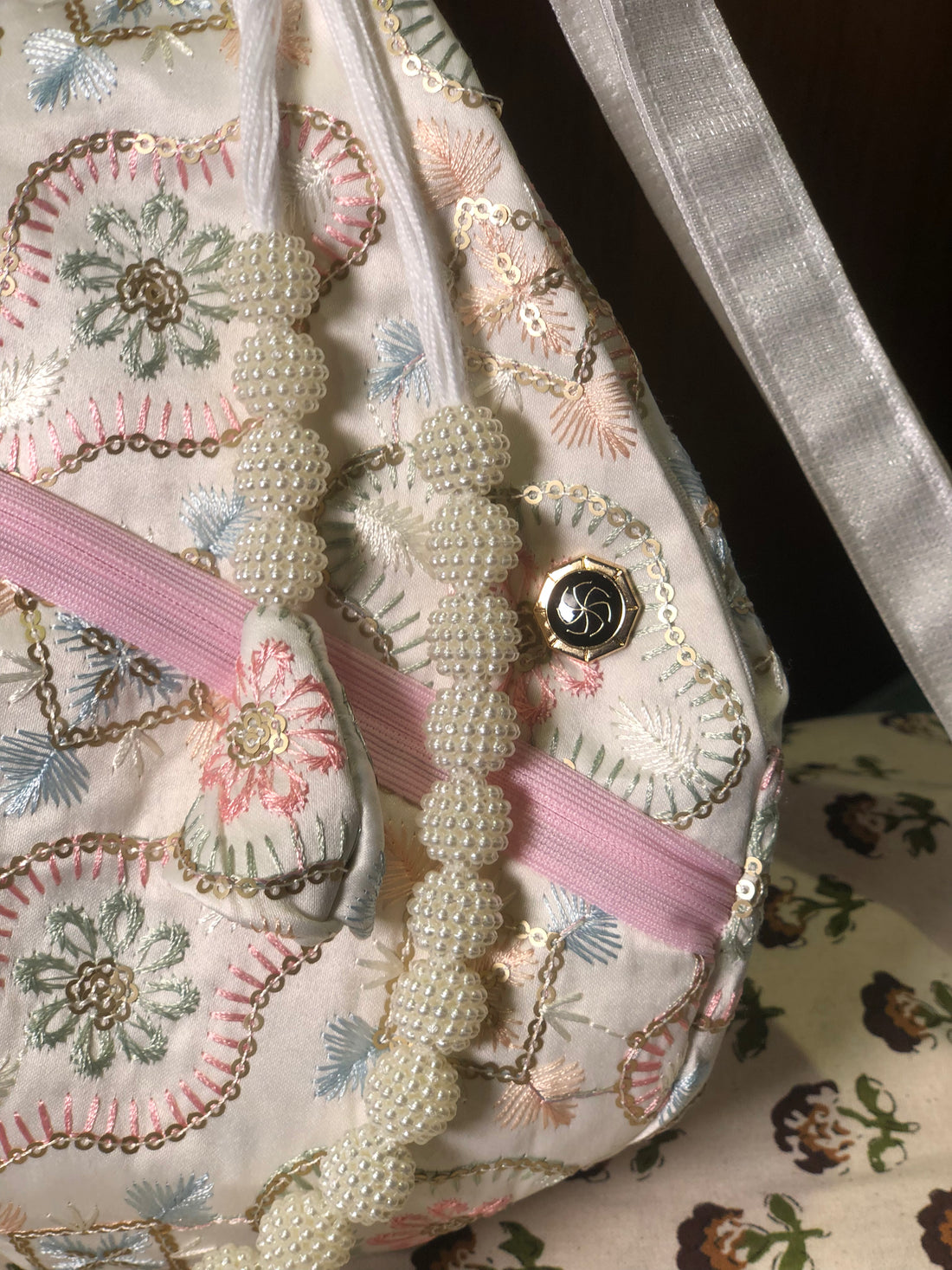 Pastel Floral Silk Embroidered Japa Bag