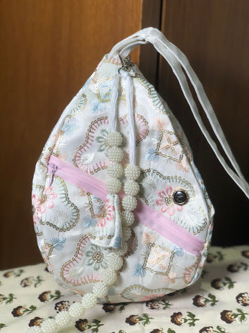 Pastel Floral Silk Embroidered Japa Bag