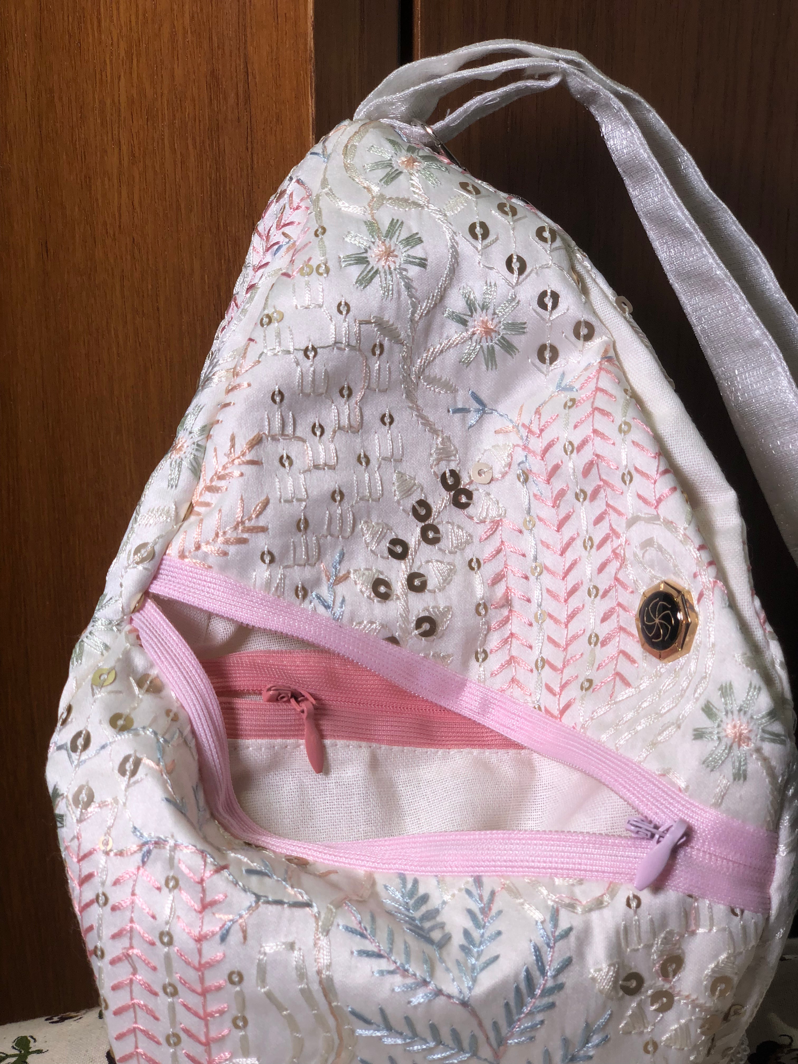 pastel Leaf embroidery silk japa bag