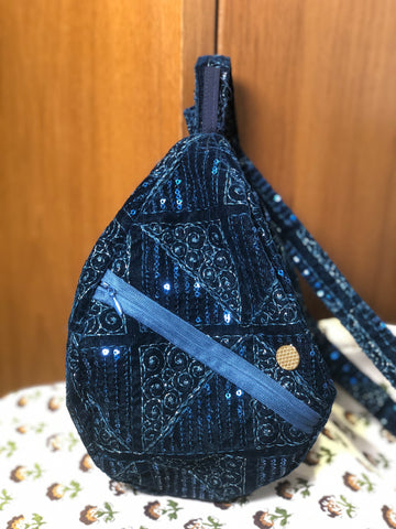 Dreamy Blue Embroidered Velvet Japa Bag