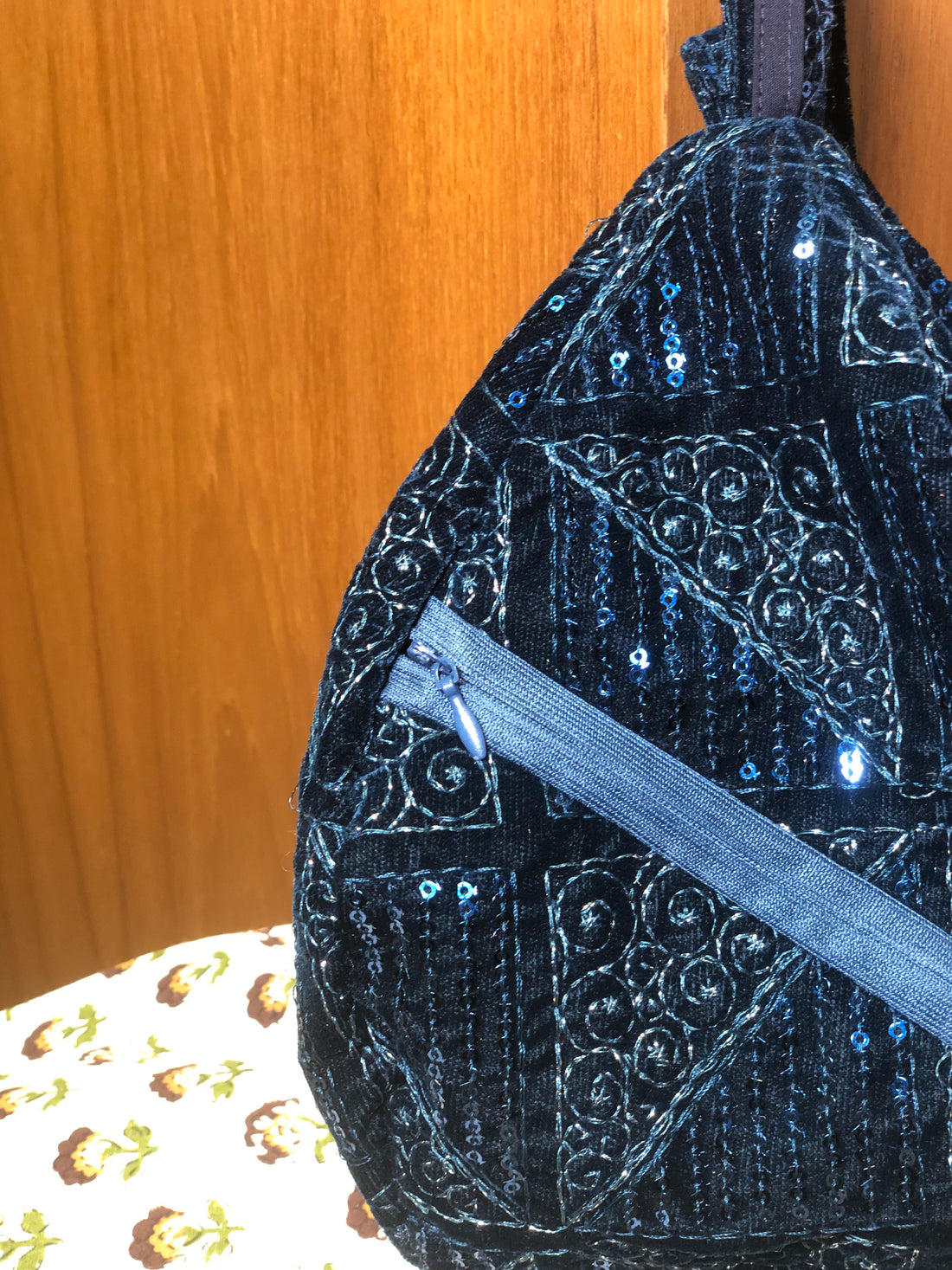 Dreamy Blue Embroidered Velvet Japa Bag