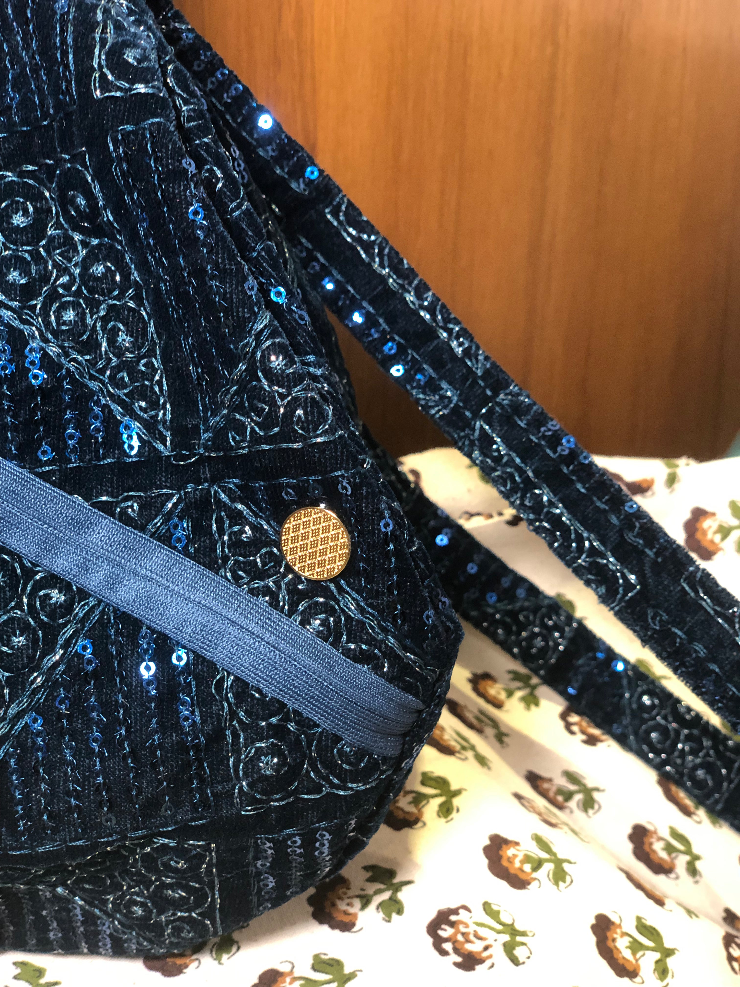 Dreamy Blue Embroidered Velvet Japa Bag