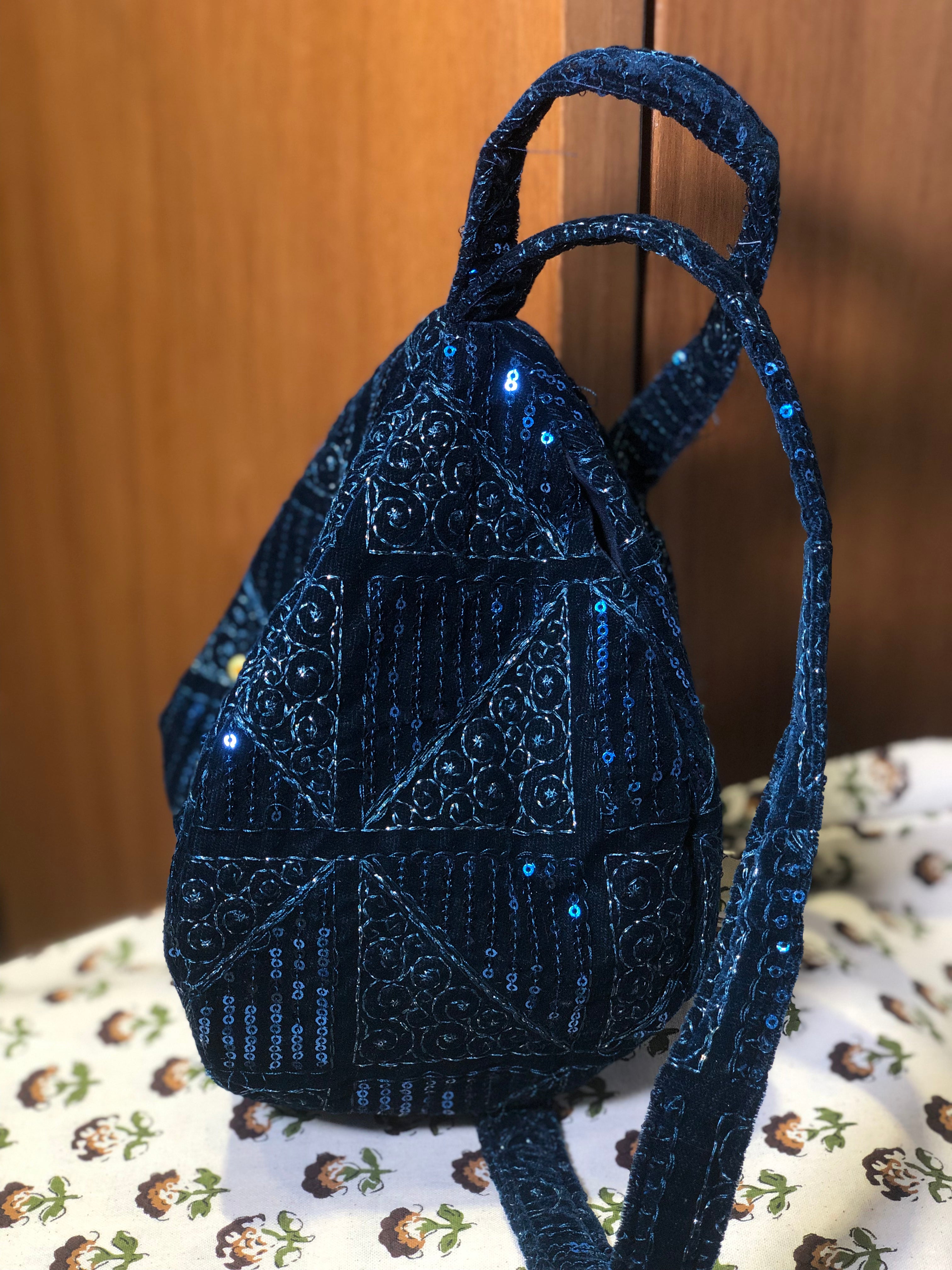 Dreamy Blue Embroidered Velvet Japa Bag