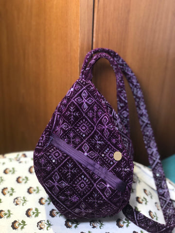 Deep purple Embroidered Velvet Japa Bag