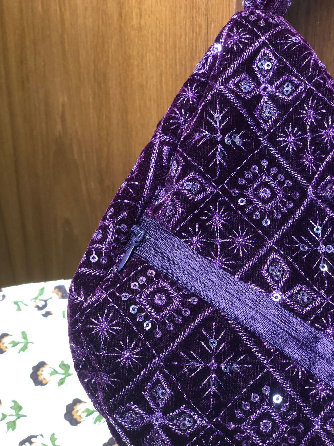 Deep purple Embroidered Velvet Japa Bag