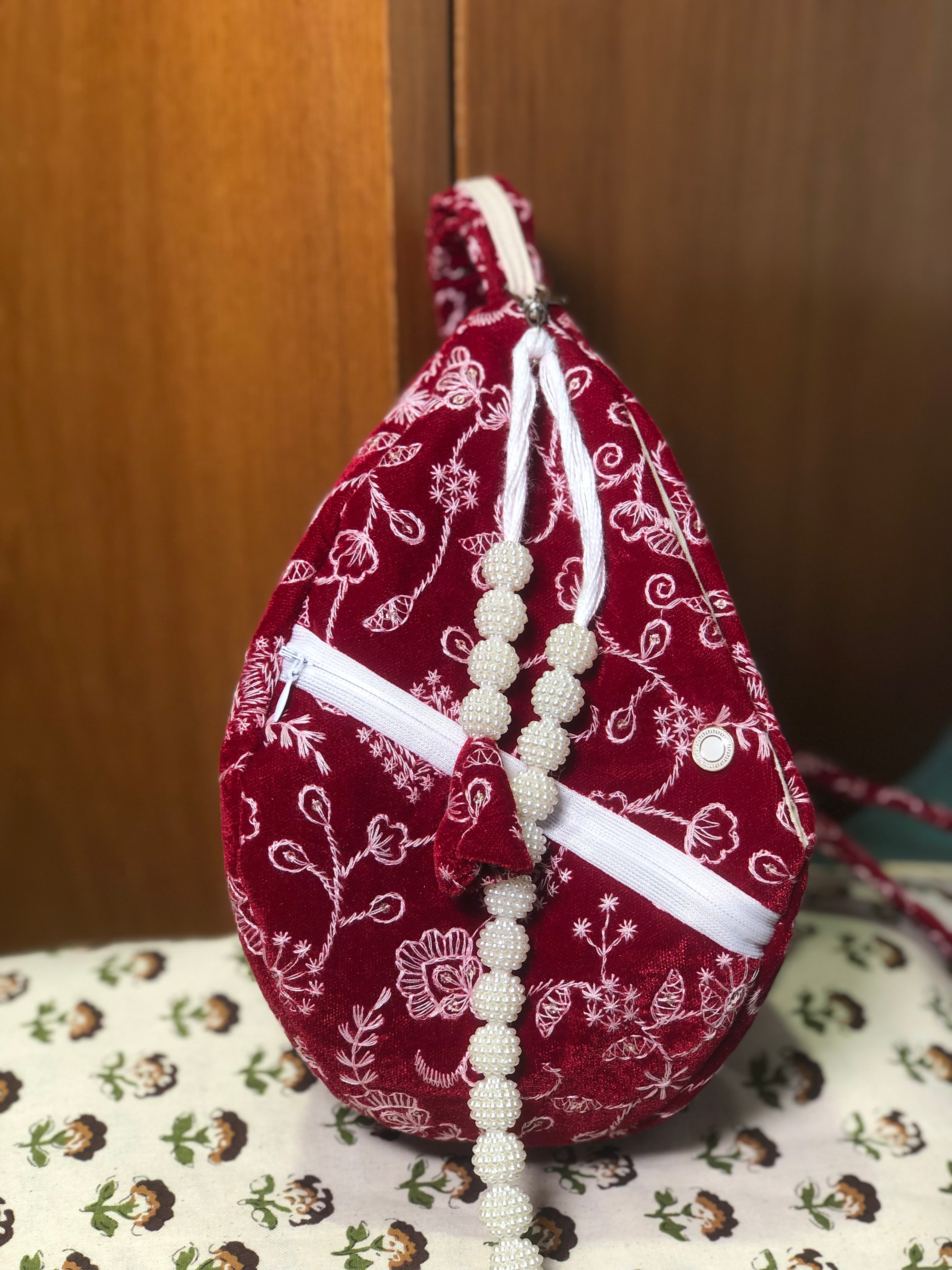 Crimson Floral Embroidered Velvet Japabag