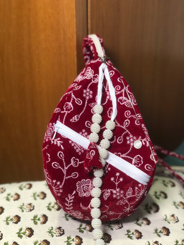 Crimson Floral Embroidered Velvet Japabag