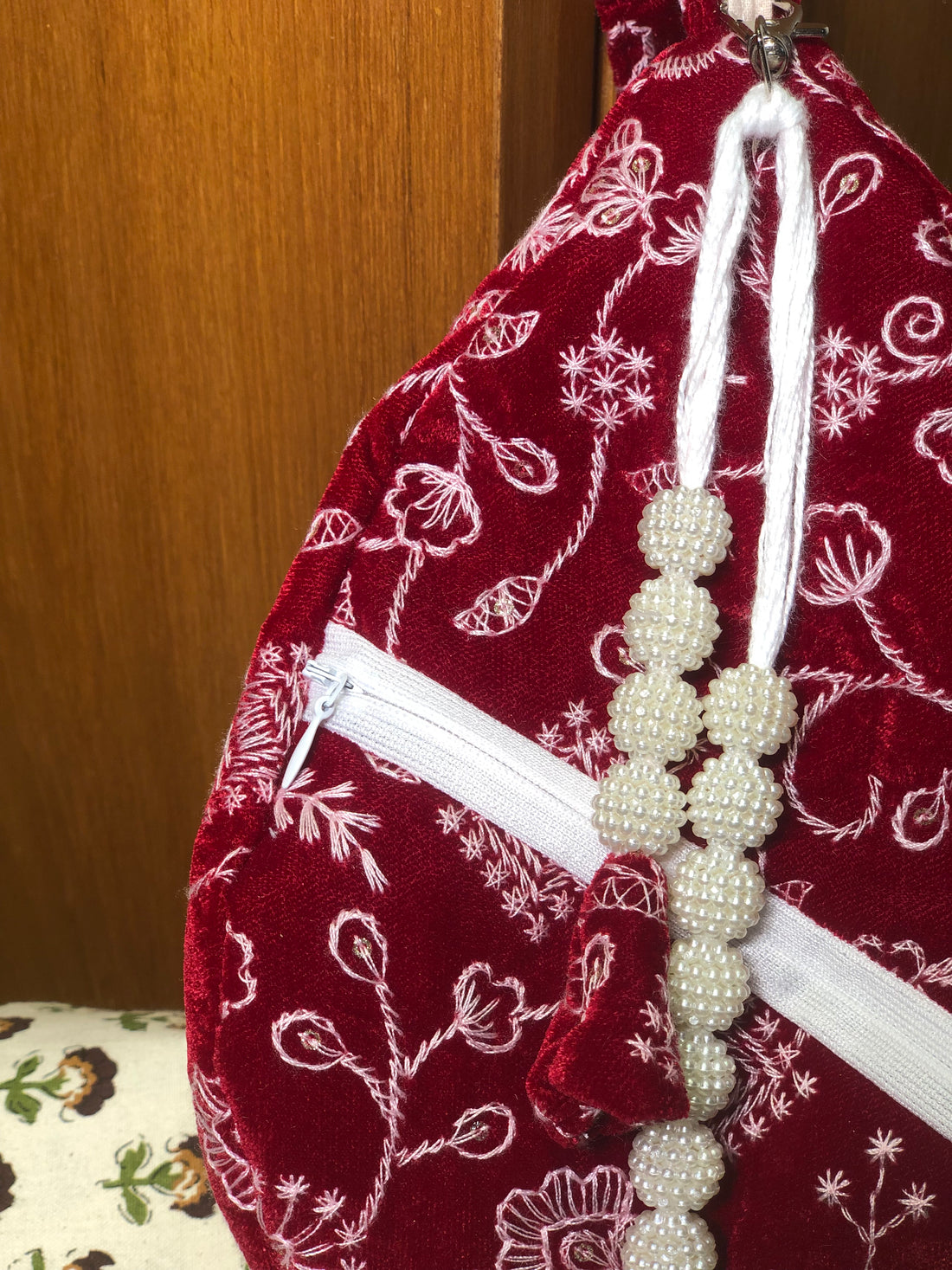 Crimson Floral Embroidered Velvet Japabag