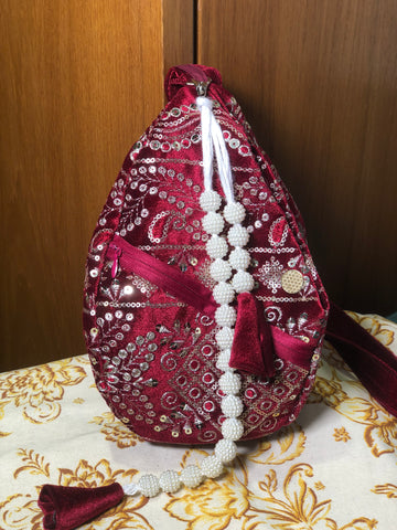 Royal Crimson Red Embroidered Velvet Japabag