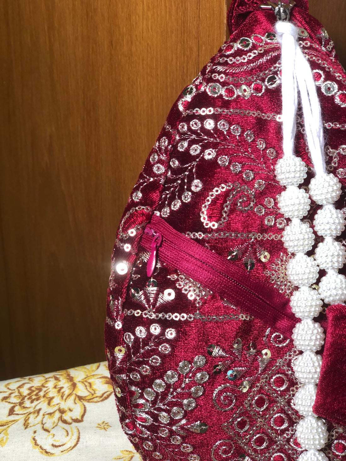 Royal Crimson Red Embroidered Velvet Japabag