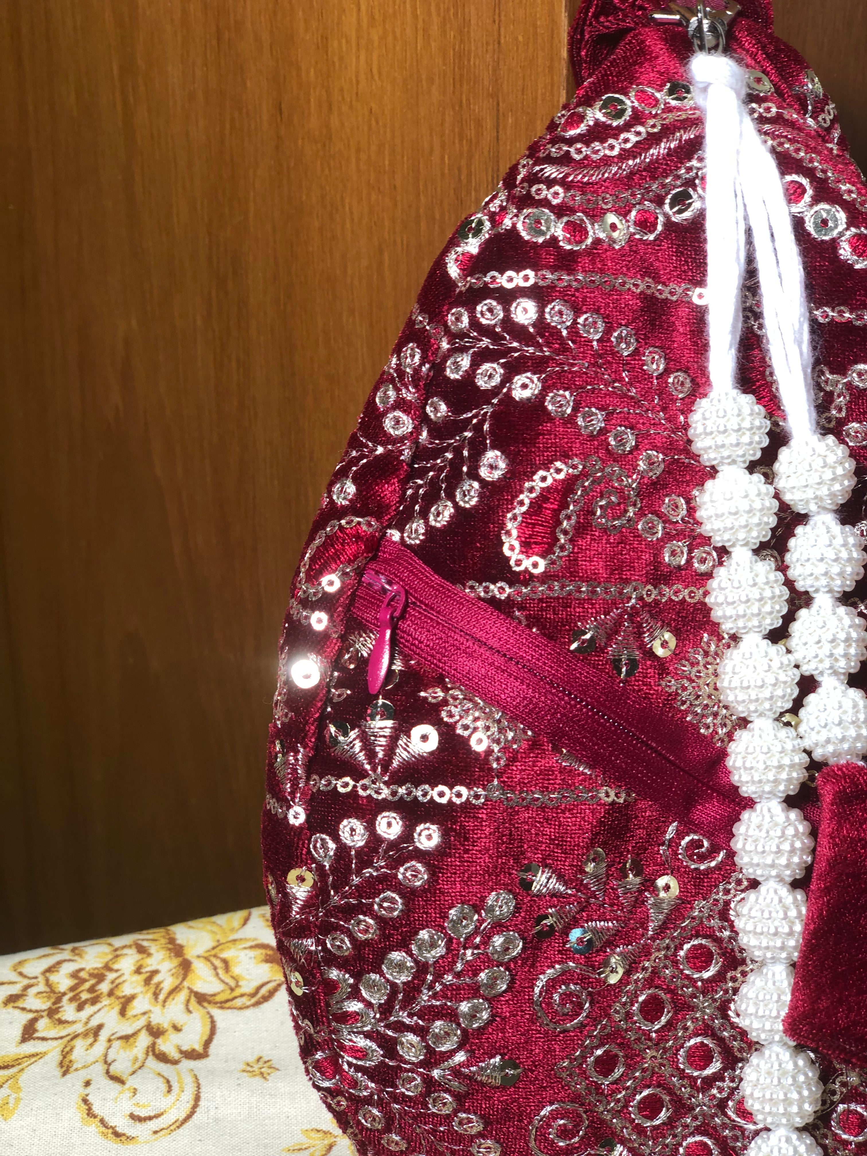 Royal Crimson Red Embroidered Velvet Japabag