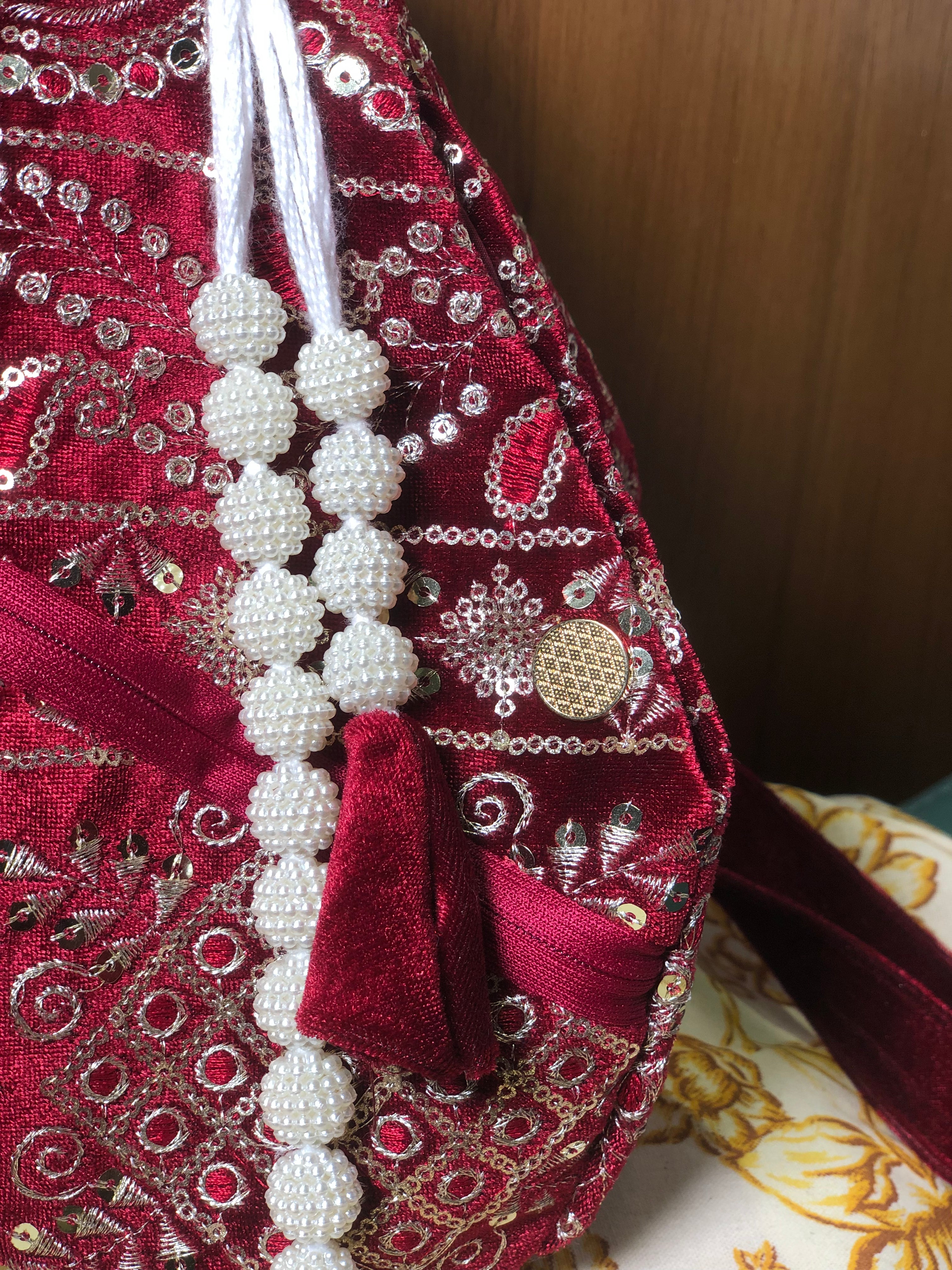 Royal Crimson Red Embroidered Velvet Japabag
