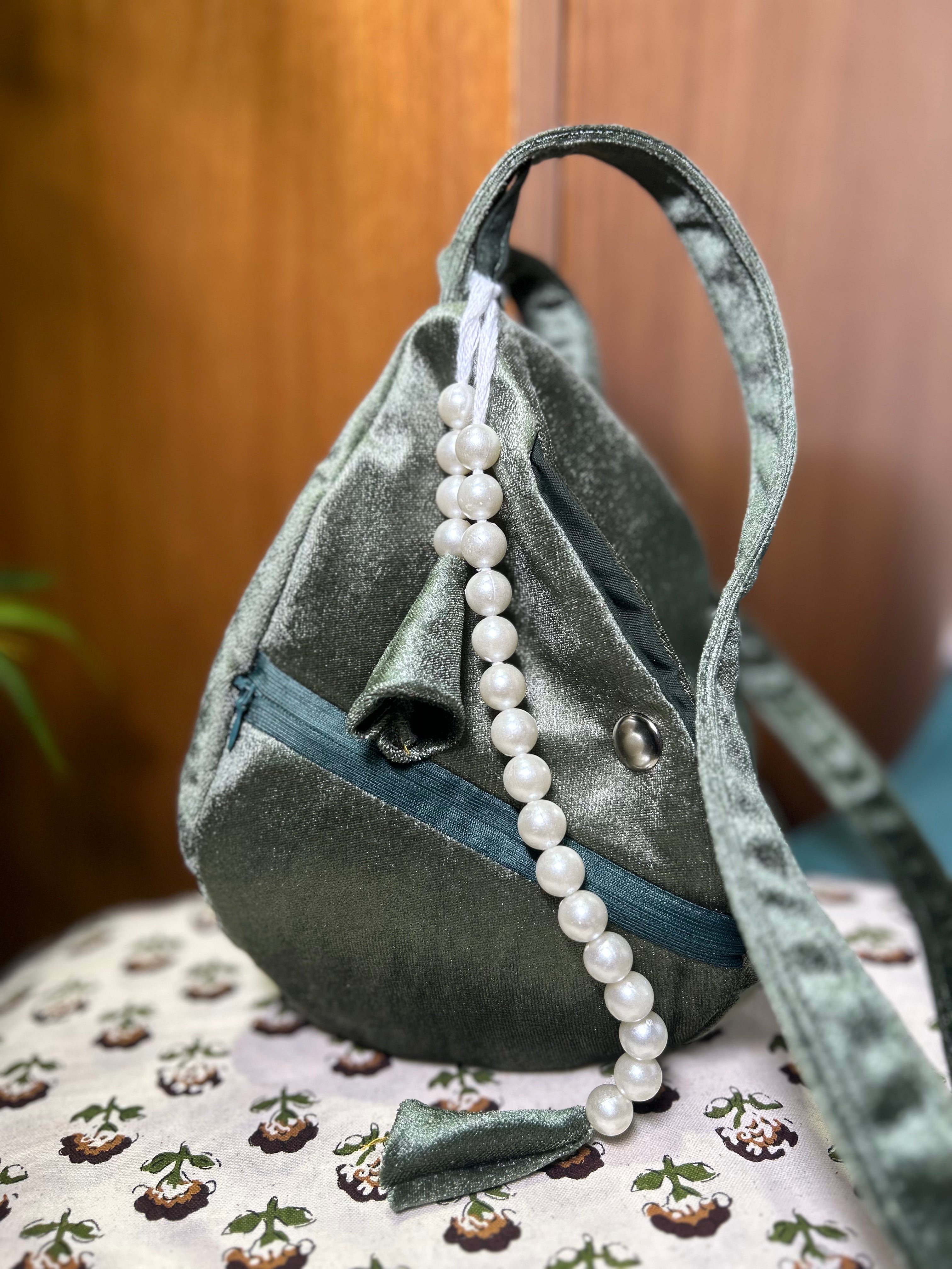Serene Pista Green Velvet Japa Bag