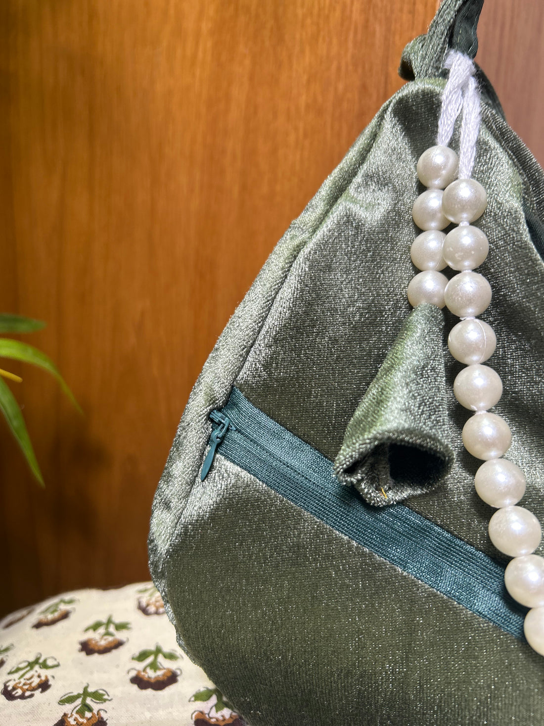 Serene Pista Green Velvet Japa Bag