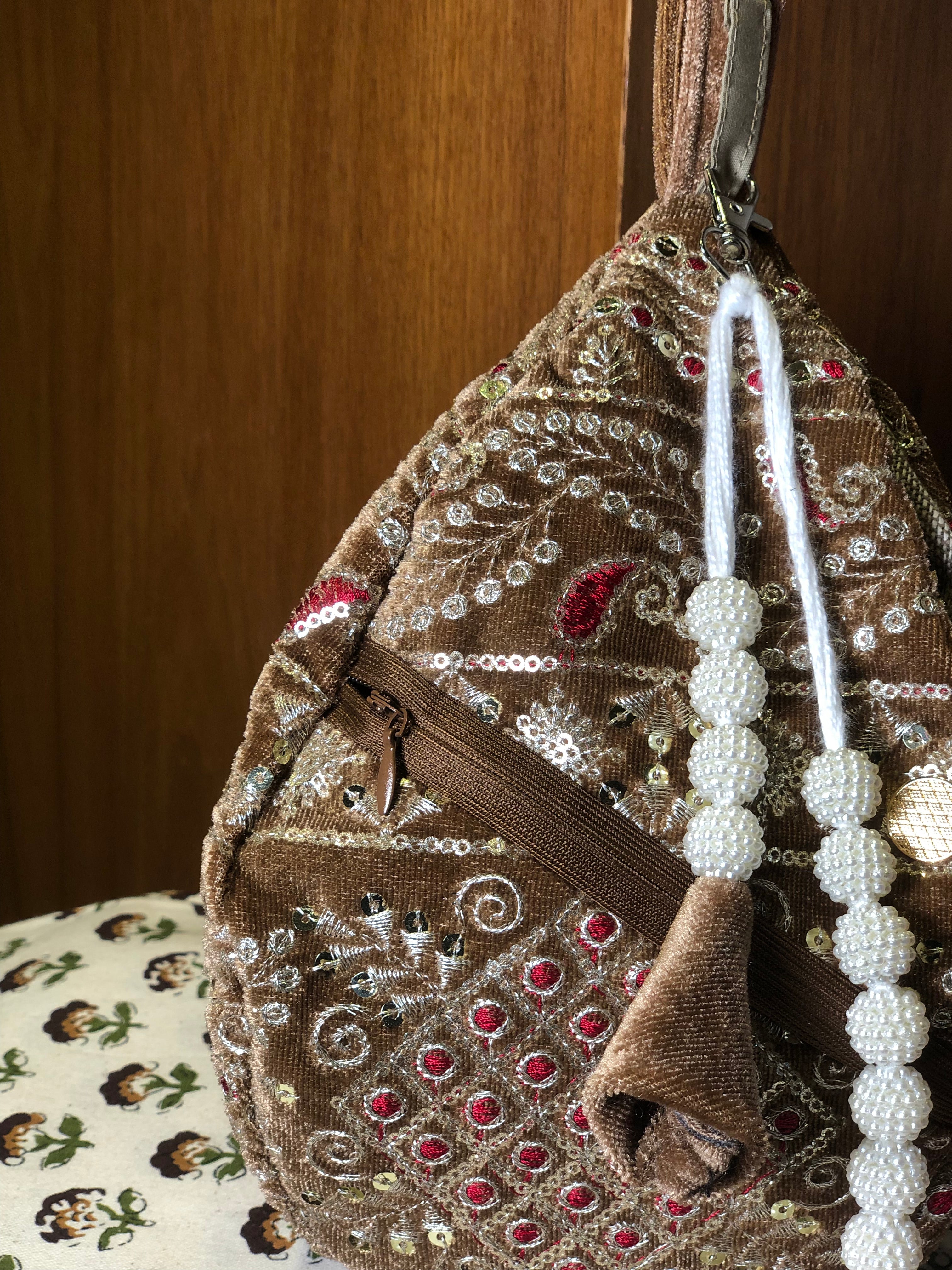 Royal Brown Gold Embroidered Velvet Japabag