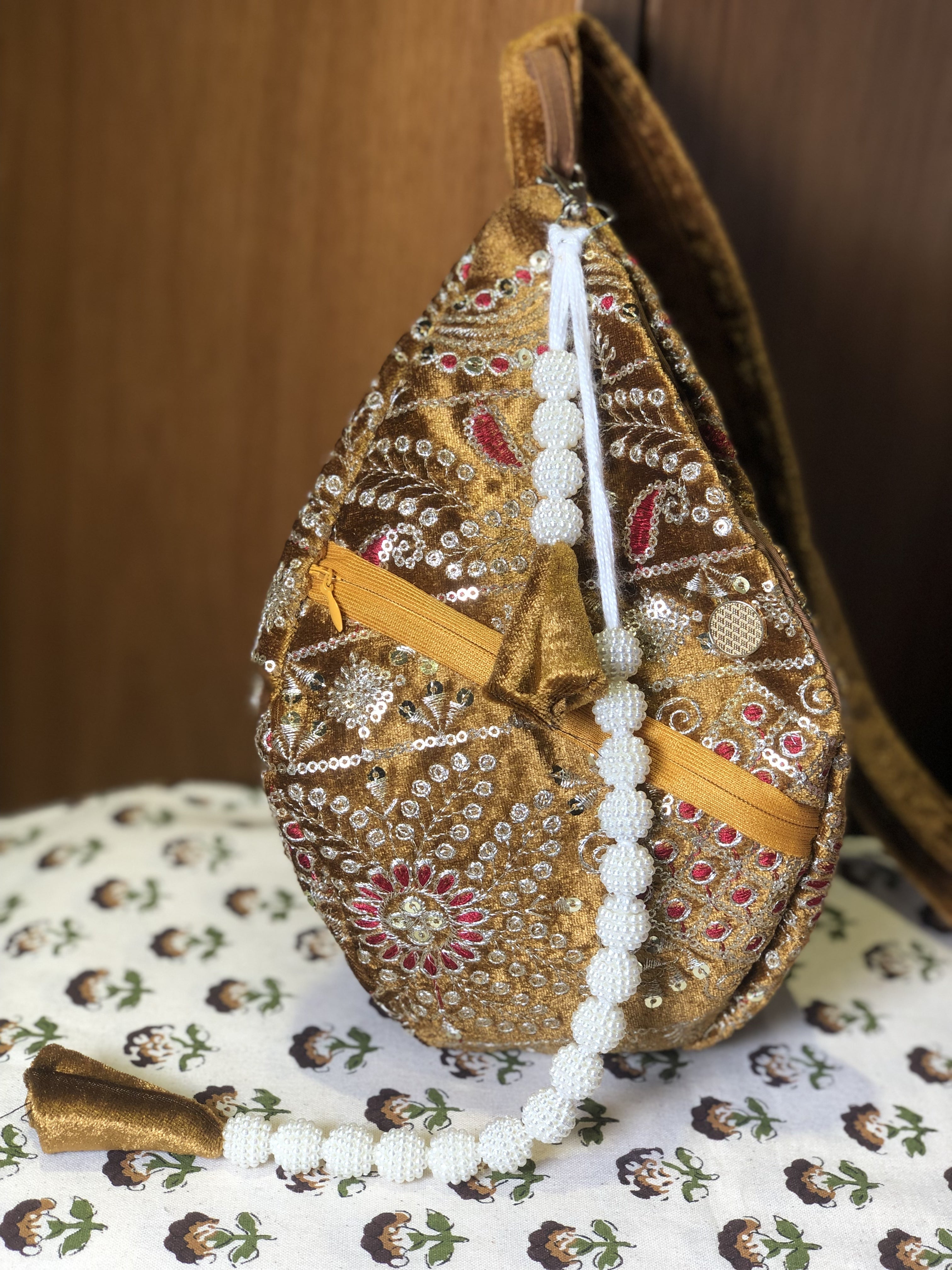 Mustard Embroidered Velvet Japabag