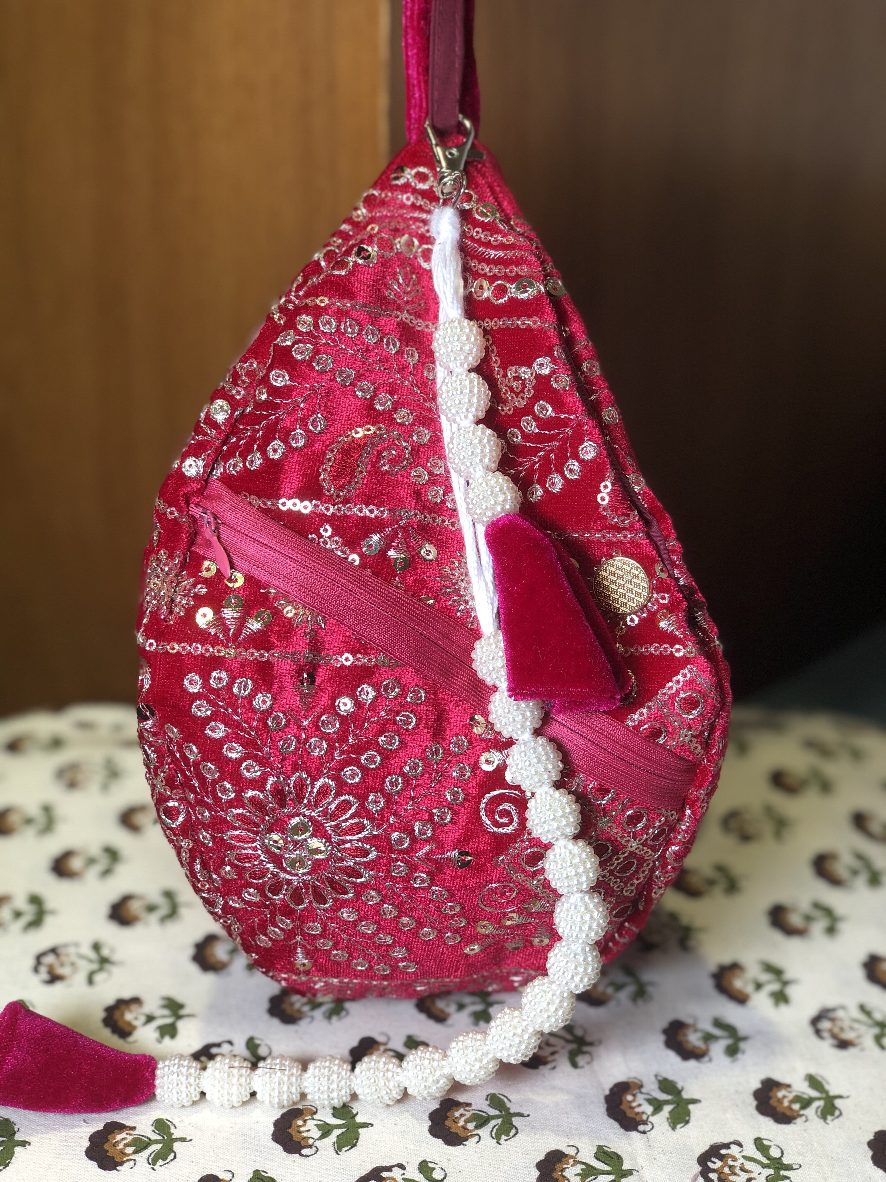 Rose Pink Embroidered Velvet Japabag
