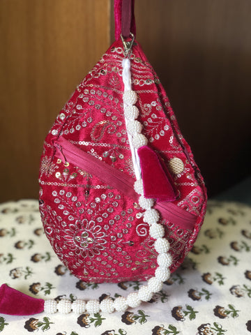 Rose Pink Embroidered Velvet Japabag