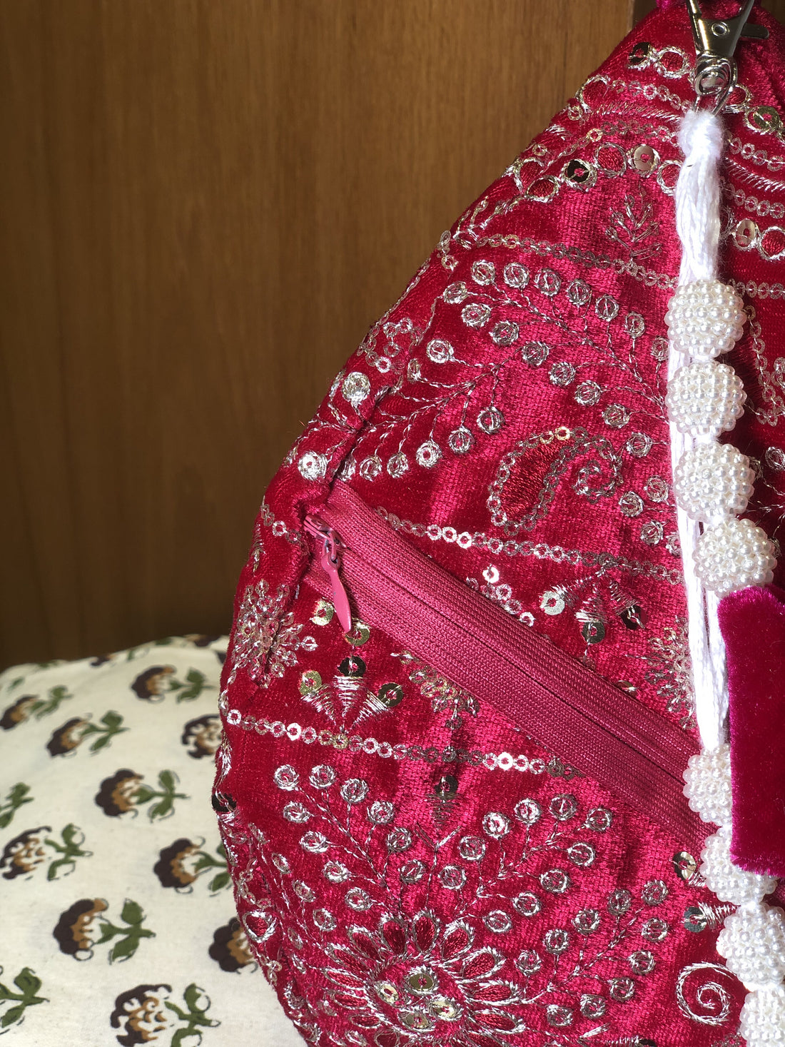 Rose Pink Embroidered Velvet Japabag