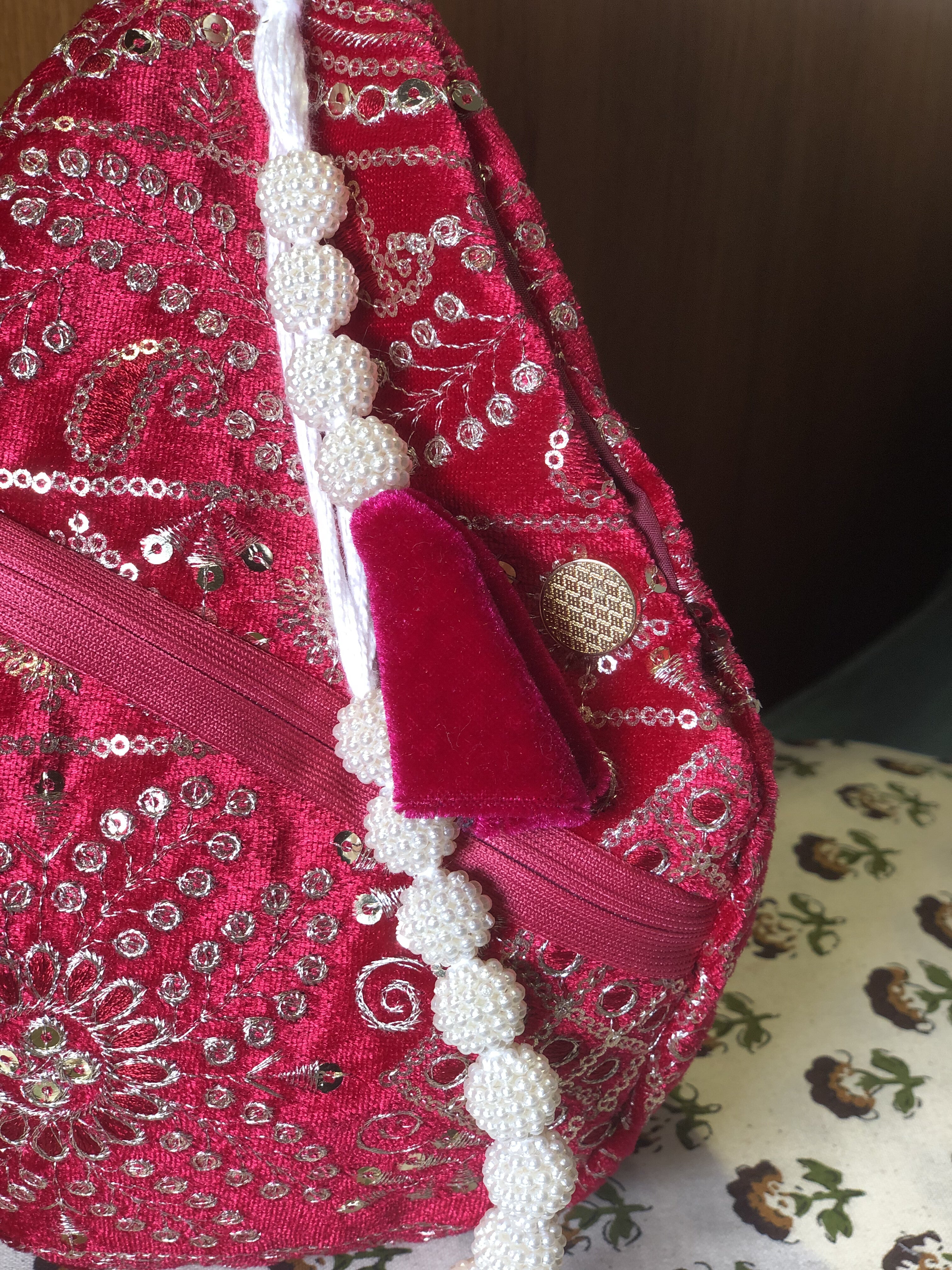 Rose Pink Embroidered Velvet Japabag