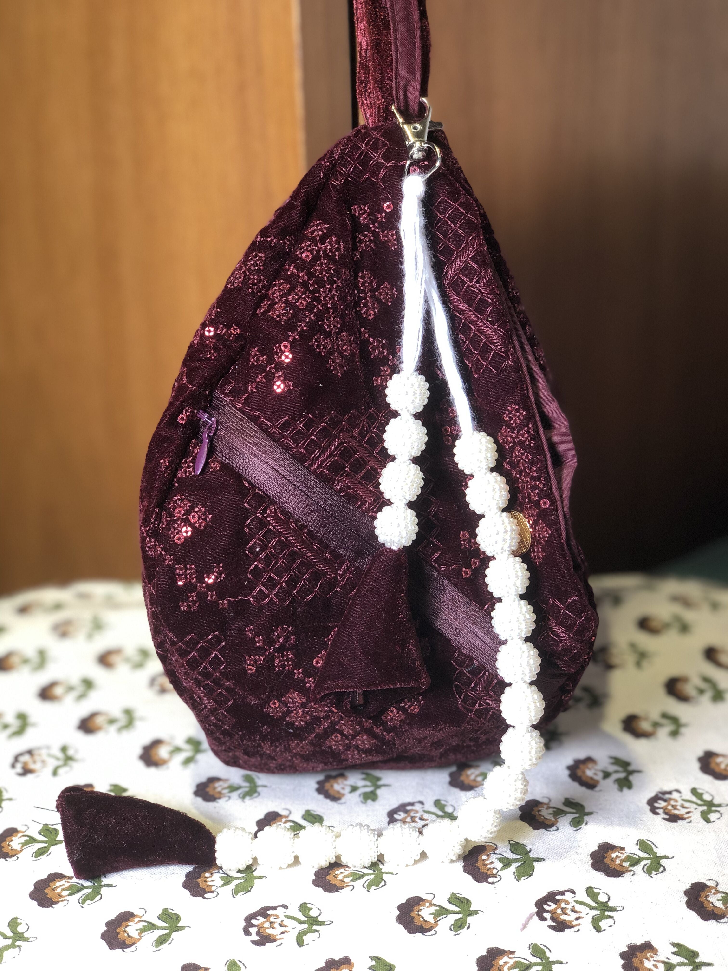 Deep Maroon Embroidered Velvet Japabag
