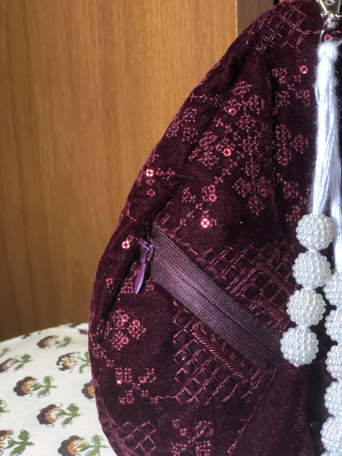 Deep Maroon Embroidered Velvet Japabag