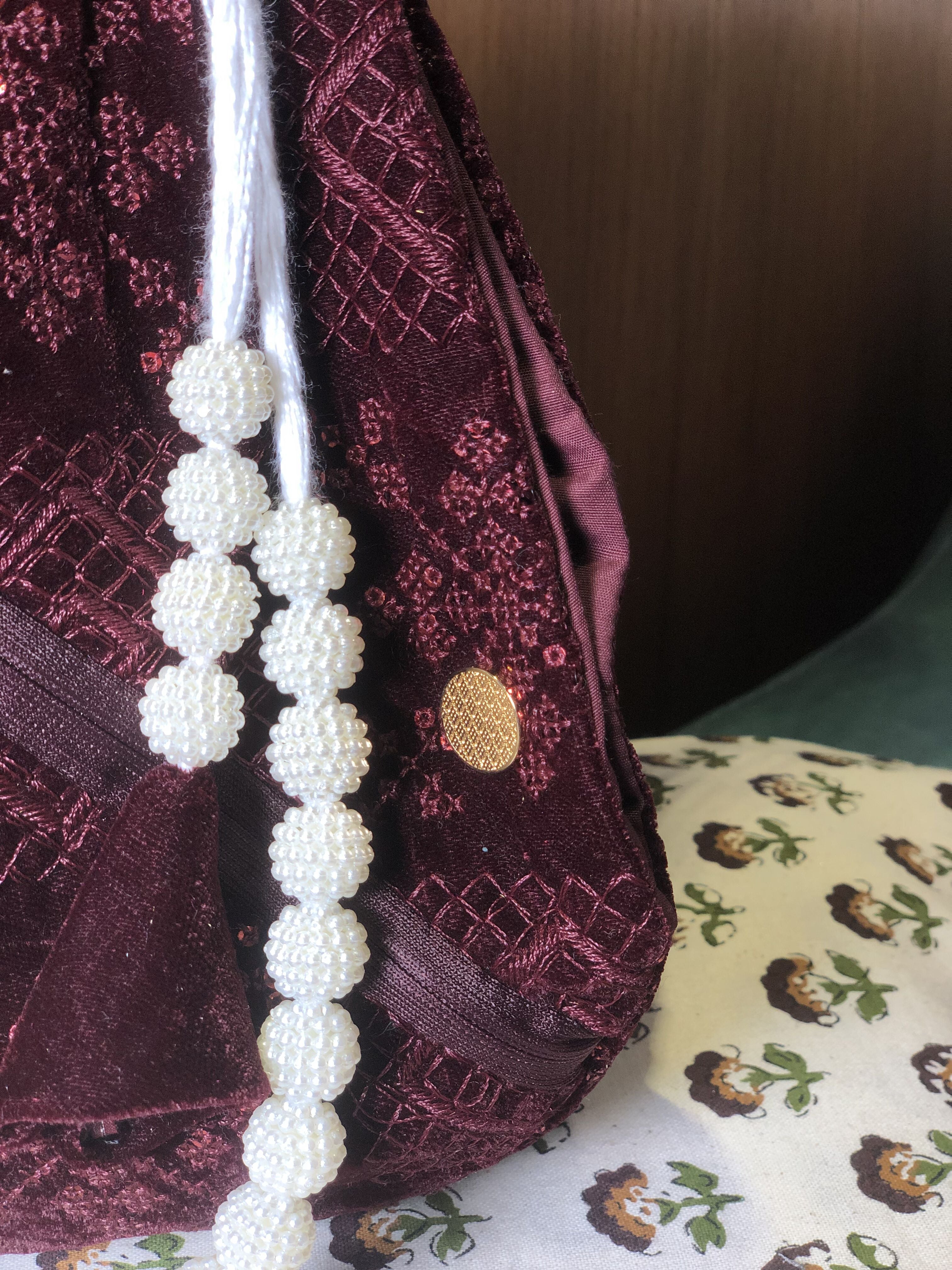 Deep Maroon Embroidered Velvet Japabag