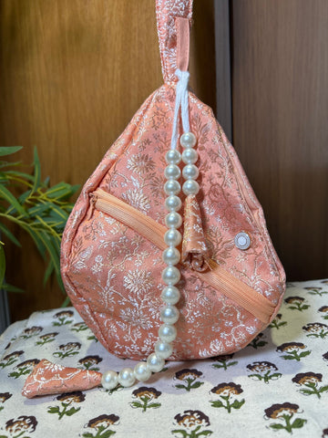 Champakalata Coral Peach Silk Japa Bag