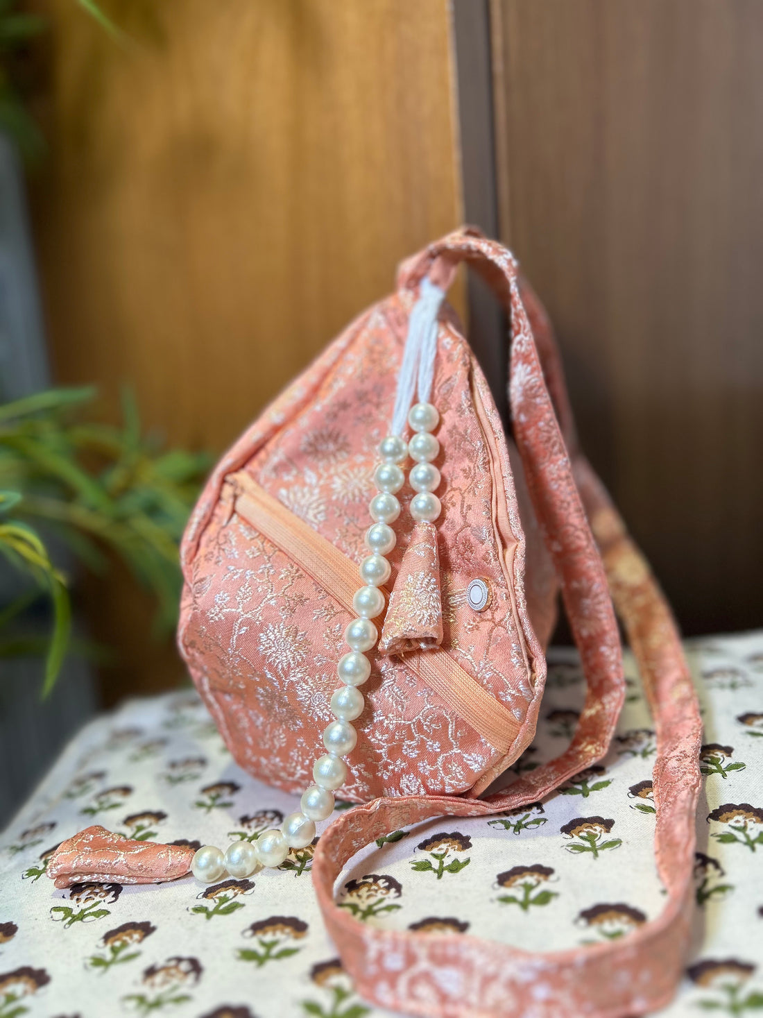 Champakalata Coral Peach Silk Japa Bag
