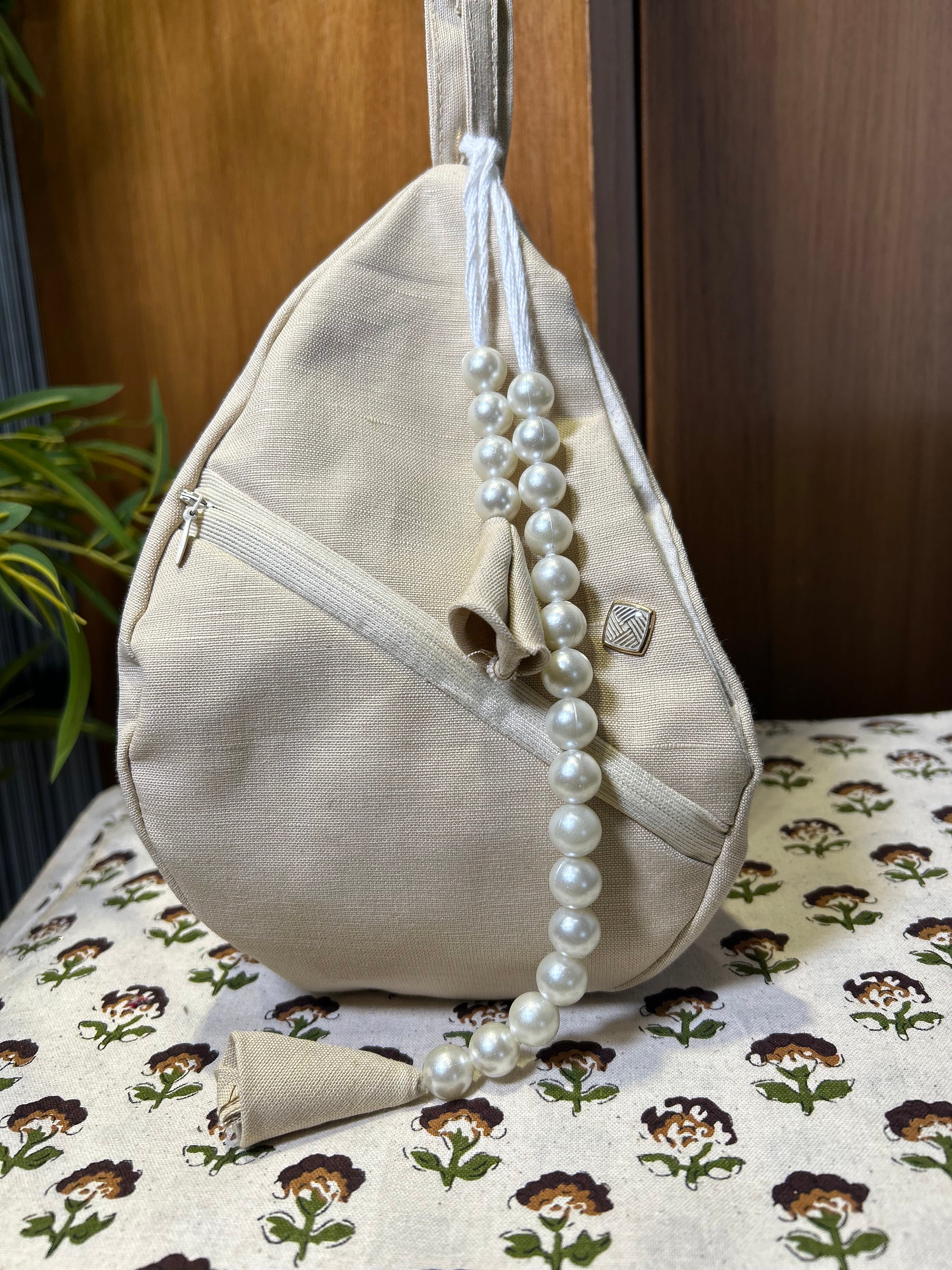 Cream Linen Japa Bag