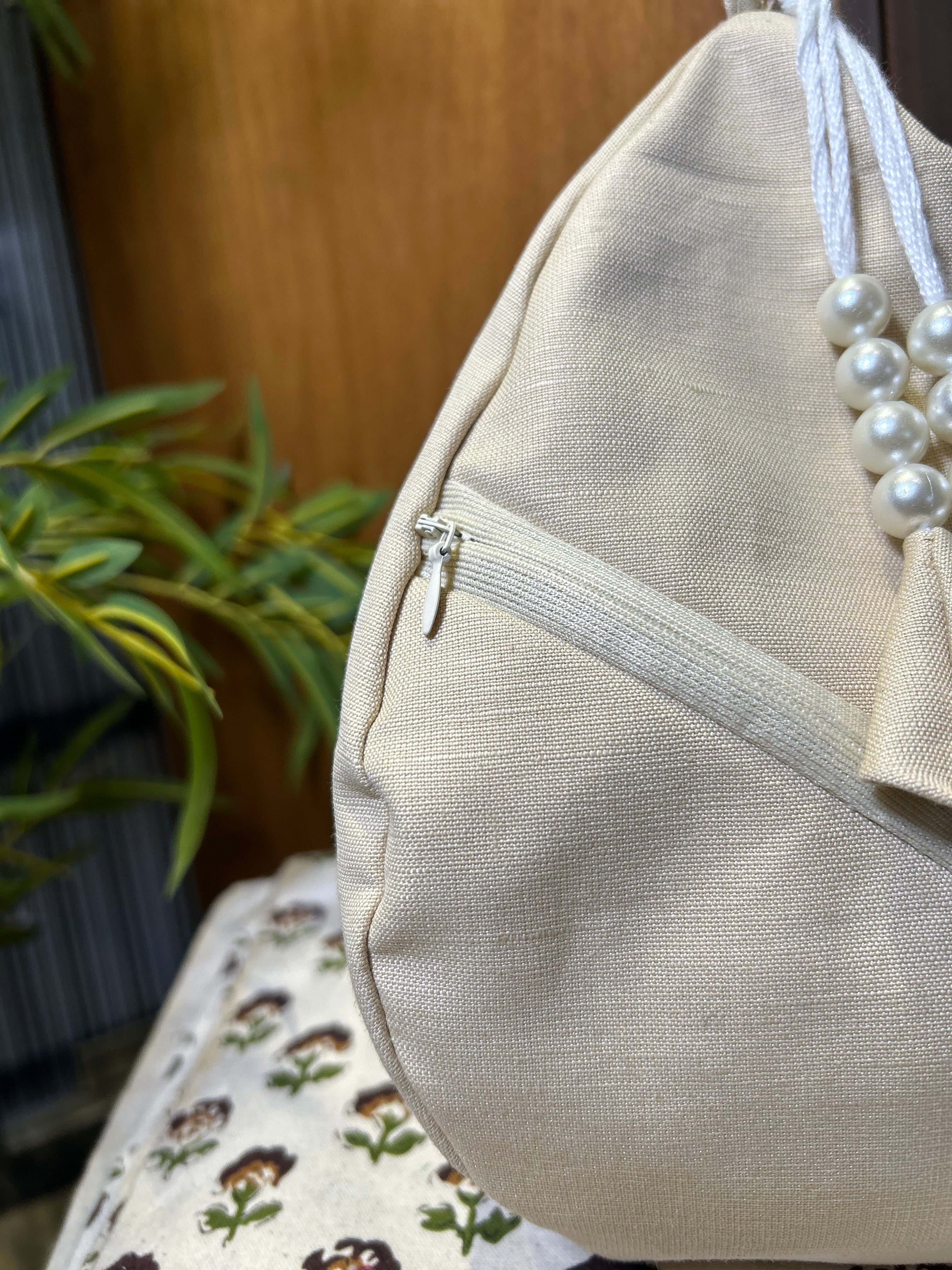Cream Linen Japa Bag