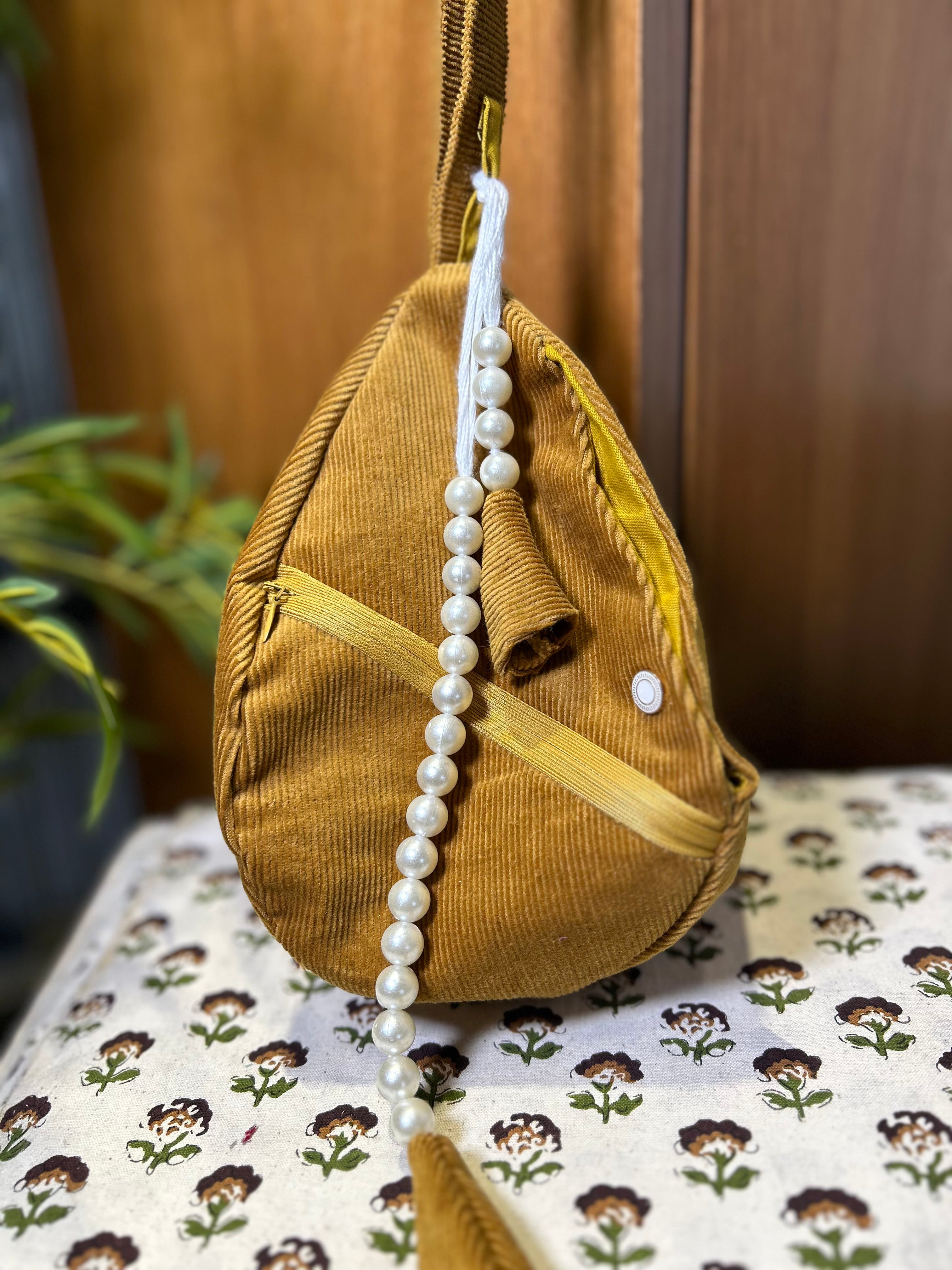 Mustard Textured Cord Japa Bag