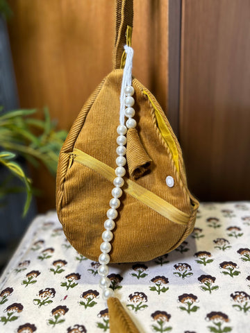 Mustard Textured Cord Japa Bag