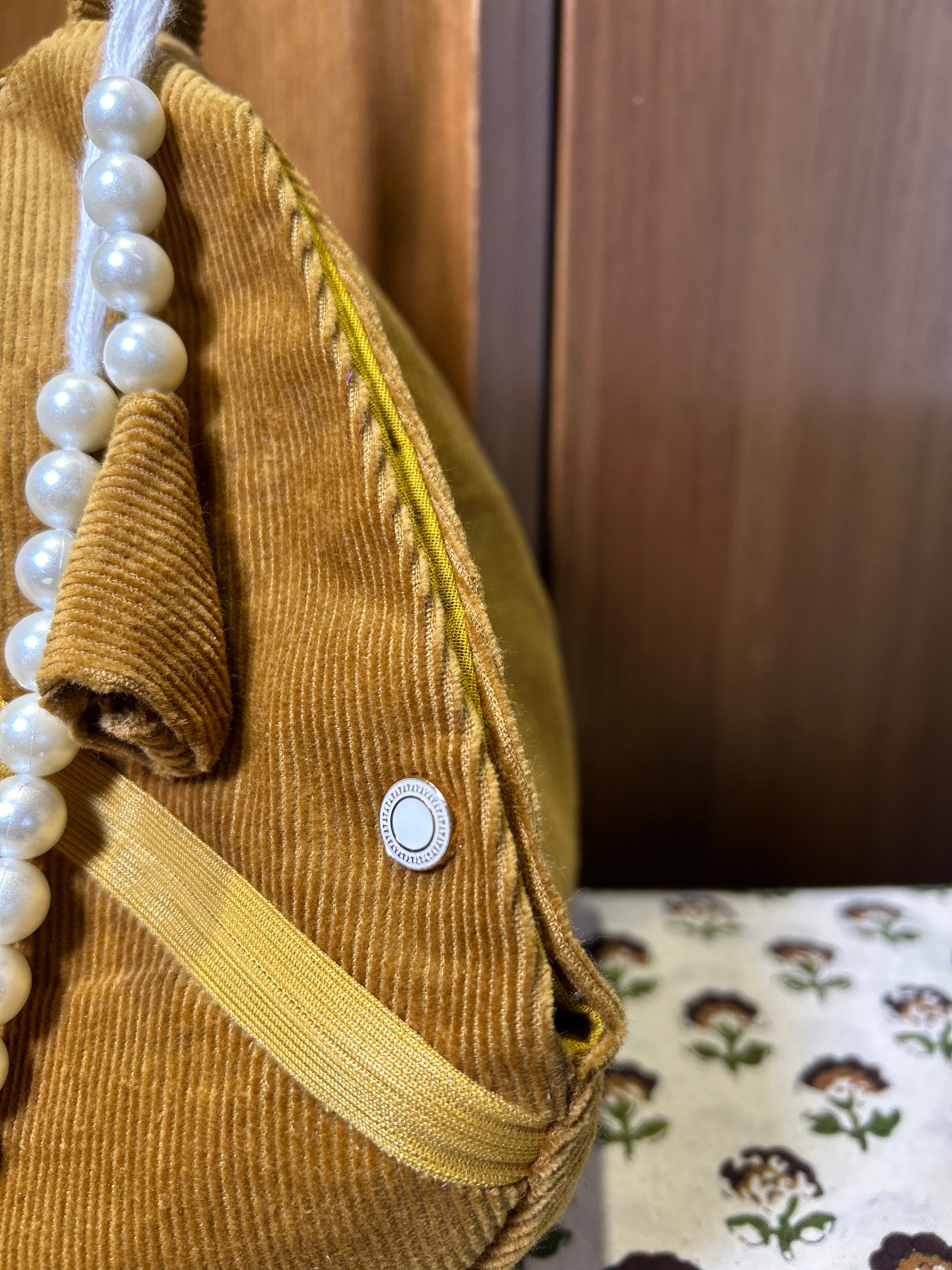 Mustard Textured Cord Japa Bag