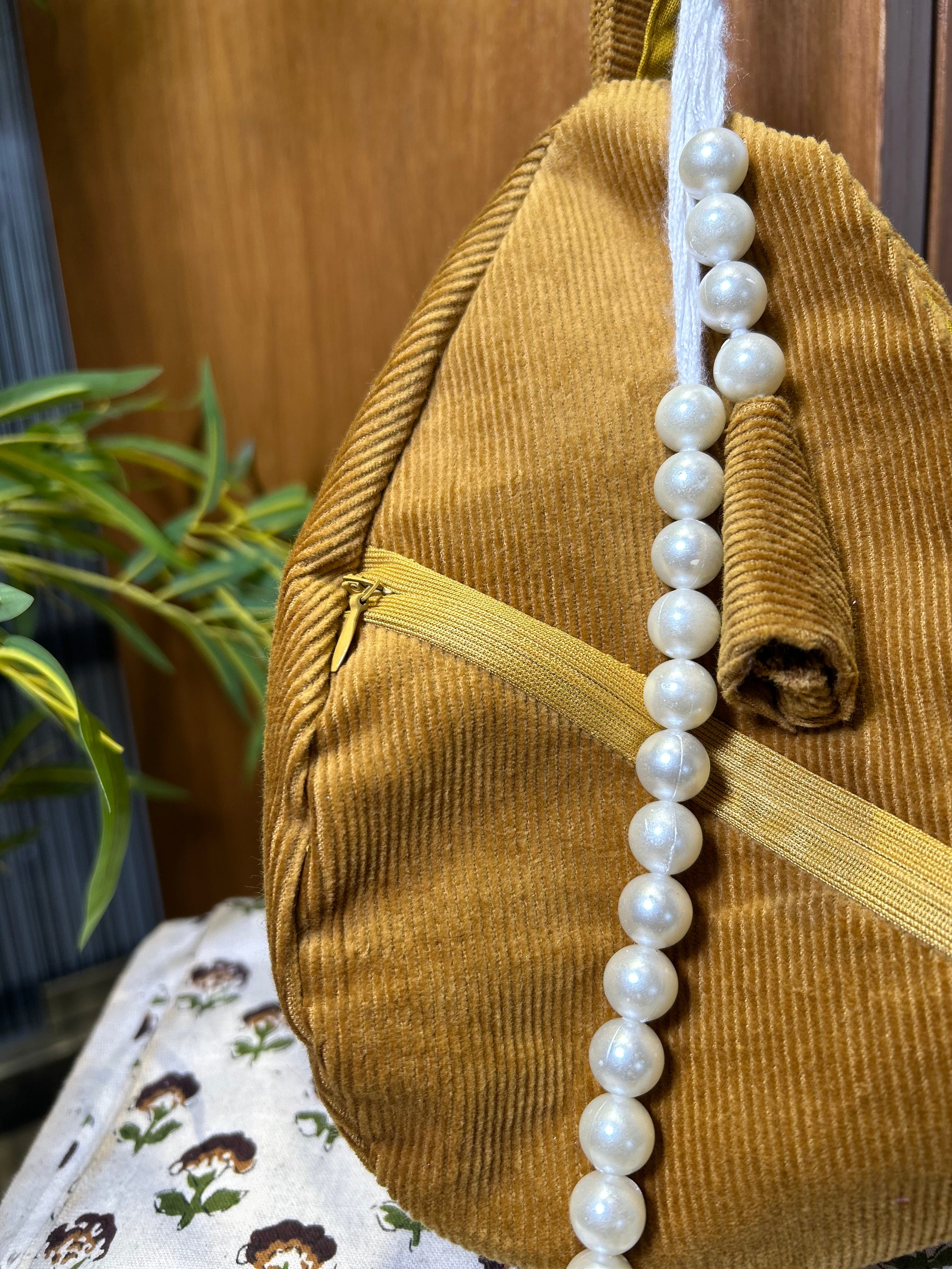 Mustard Textured Cord Japa Bag
