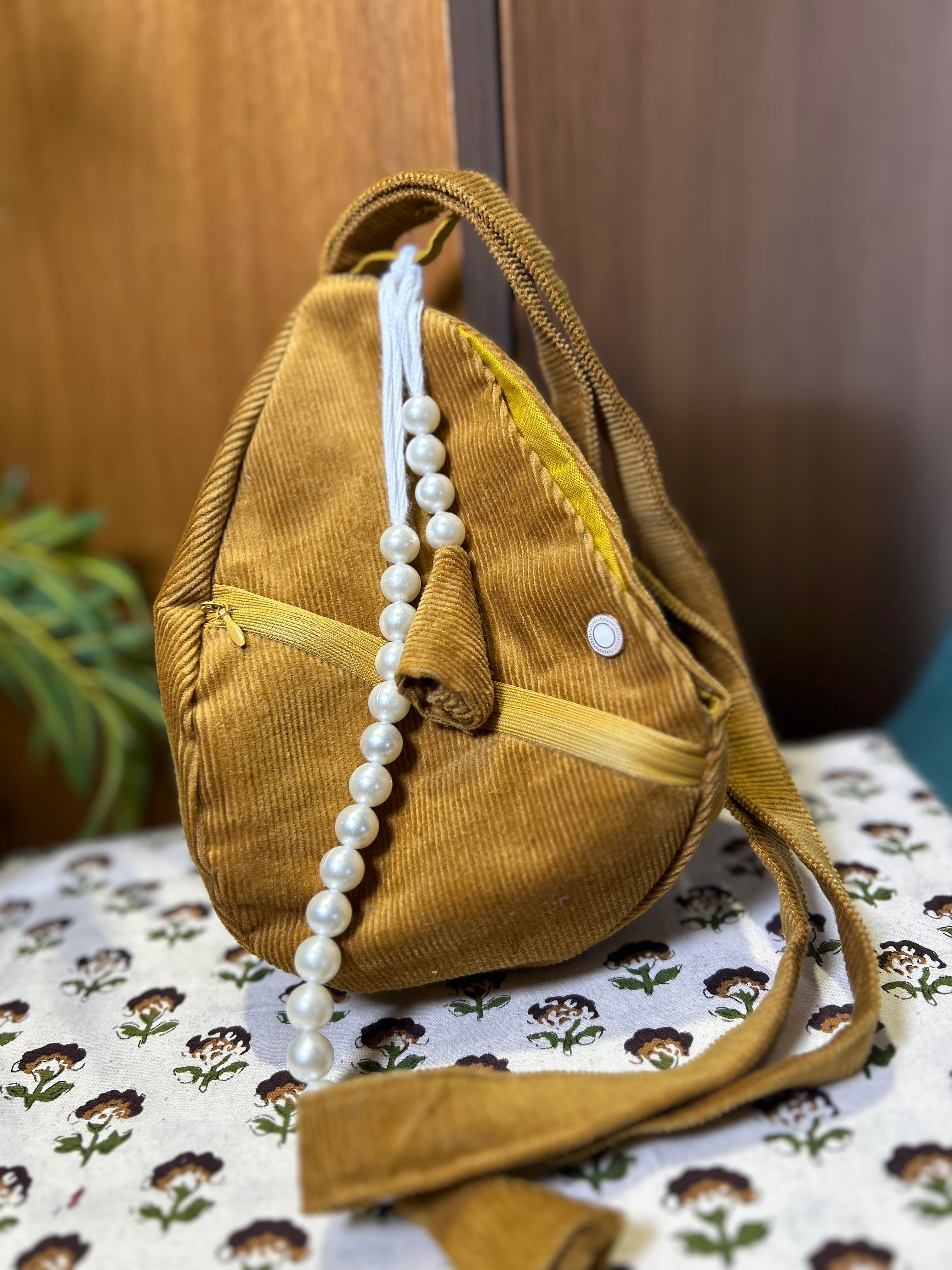 Mustard Textured Cord Japa Bag